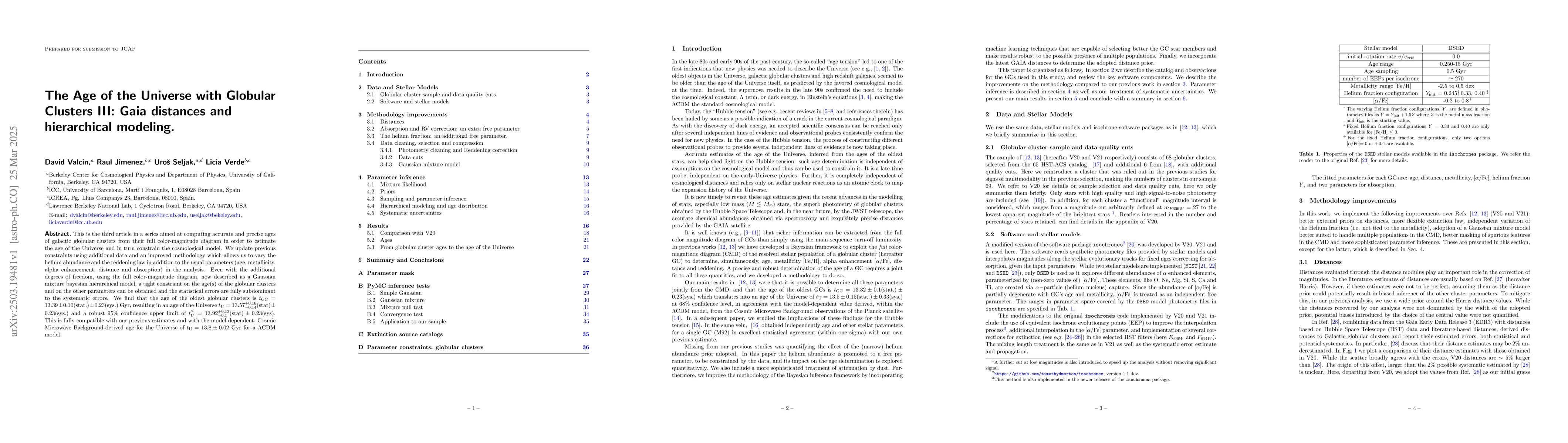 Thumbnail for The Age of the Universe with Globular Clusters III: Gaia distances and
  hierarchical modeling