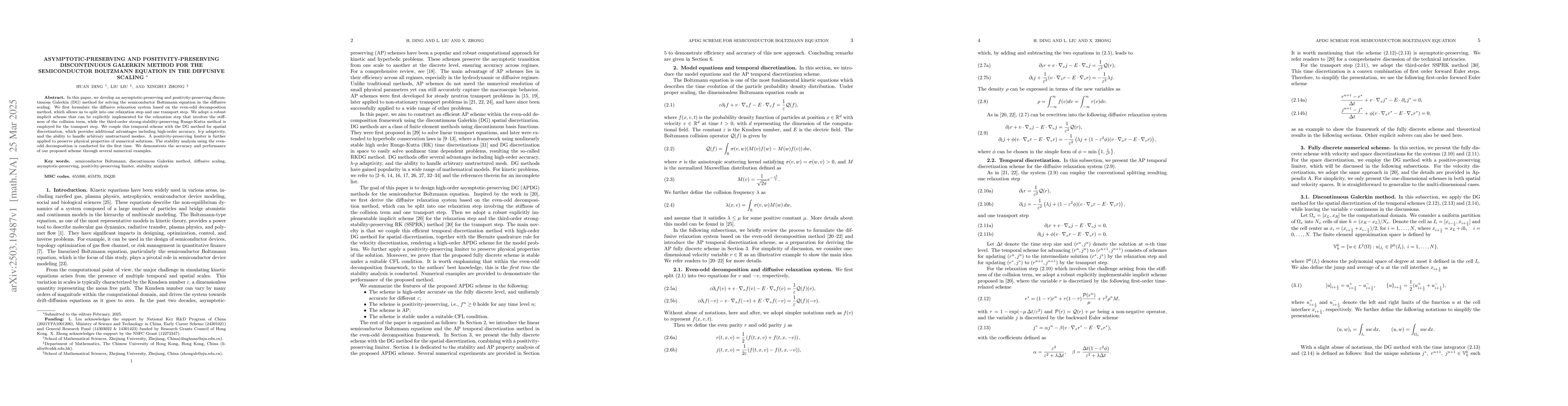 Thumbnail for Asymptotic-preserving and positivity-preserving discontinuous Galerkin
  method for the semiconductor Boltzmann equation in the diffusive scaling