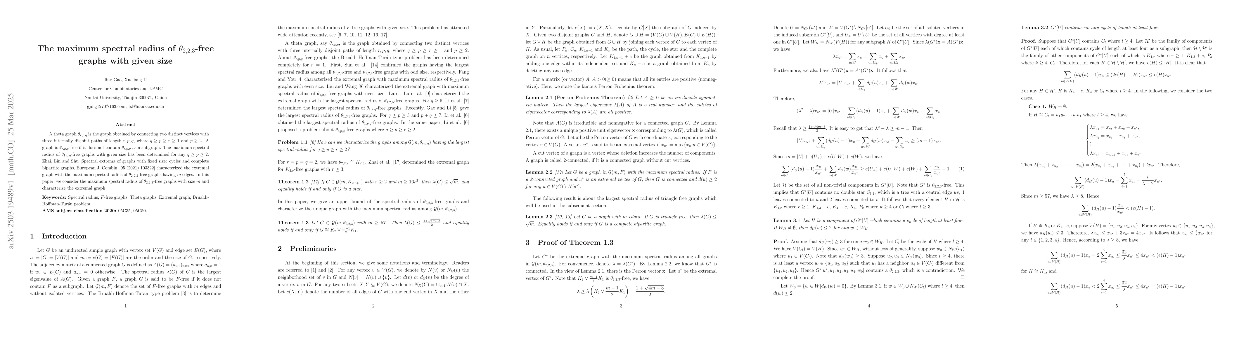 Thumbnail for The maximum spectral radius of $θ_{2,2,3}$-free graphs with given
  size