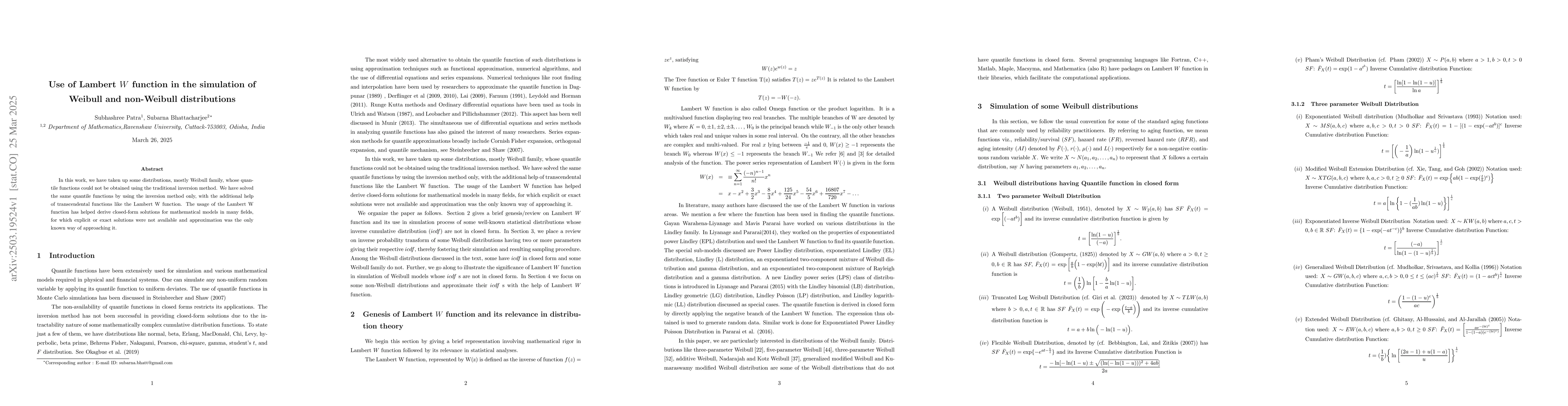 Thumbnail for Use of Lambert W function in the simulation of Weibull and non-Weibull
  distributions