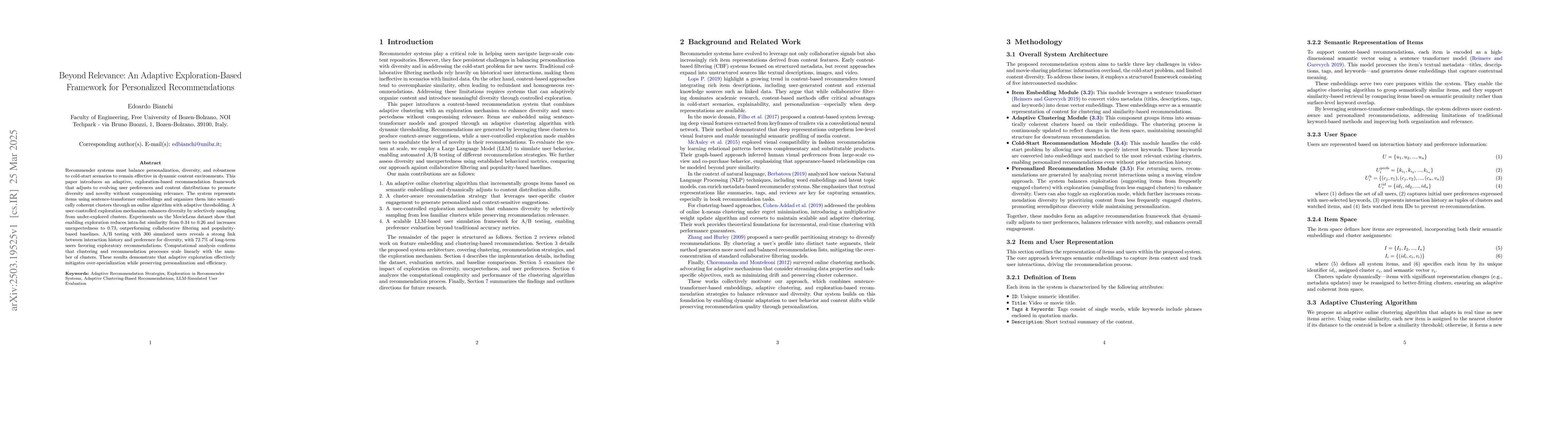 Thumbnail for Beyond Relevance: An Adaptive Exploration-Based Framework for
  Personalized Recommendations