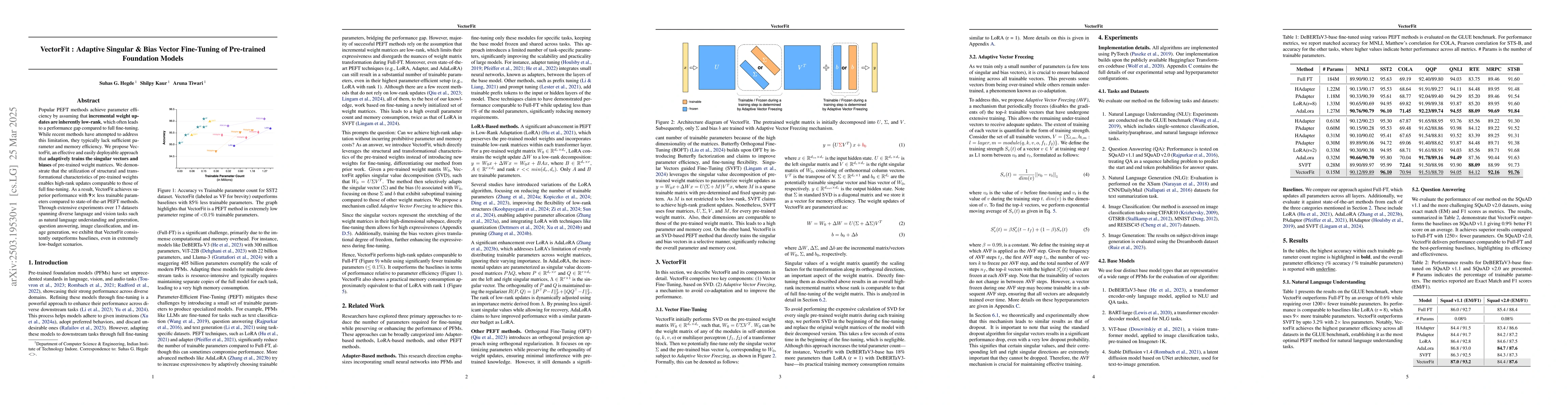 Thumbnail for VectorFit : Adaptive Singular & Bias Vector Fine-Tuning of Pre-trained
  Foundation Models