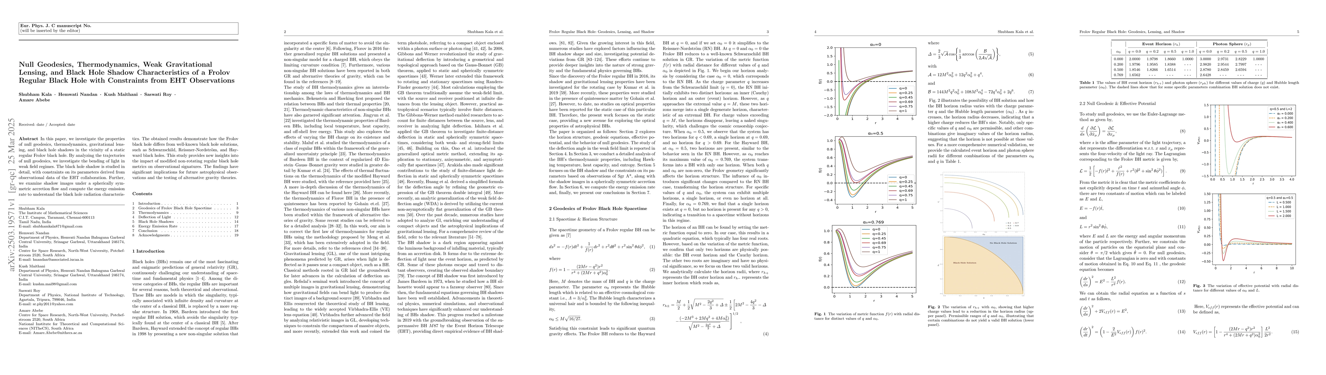 Thumbnail for Null Geodesics, Thermodynamics, Weak Gravitational Lensing, and Black
  Hole Shadow Characteristics of a Frolov Regular Black Hole with Constraints
  from EHT Observations