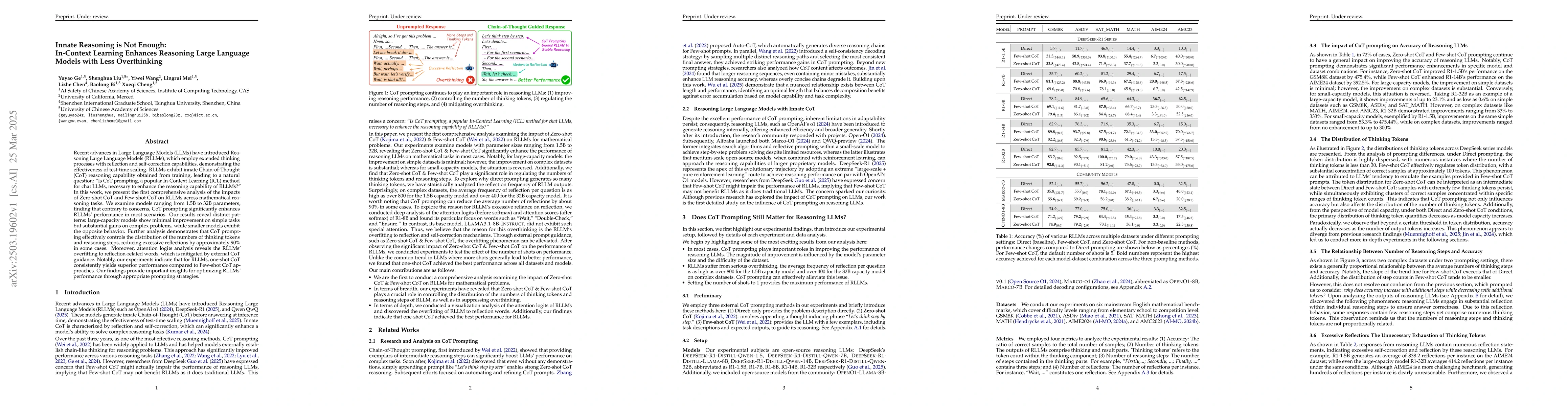 Thumbnail for Innate Reasoning is Not Enough: In-Context Learning Enhances Reasoning
  Large Language Models with Less Overthinking