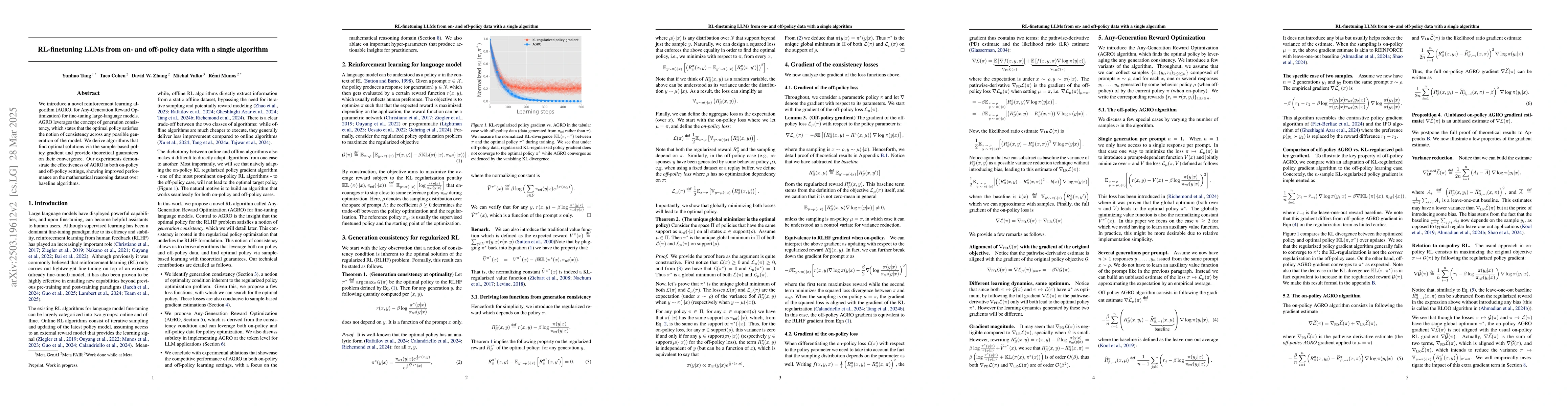 Thumbnail for RL-finetuning LLMs from on- and off-policy data with a single algorithm