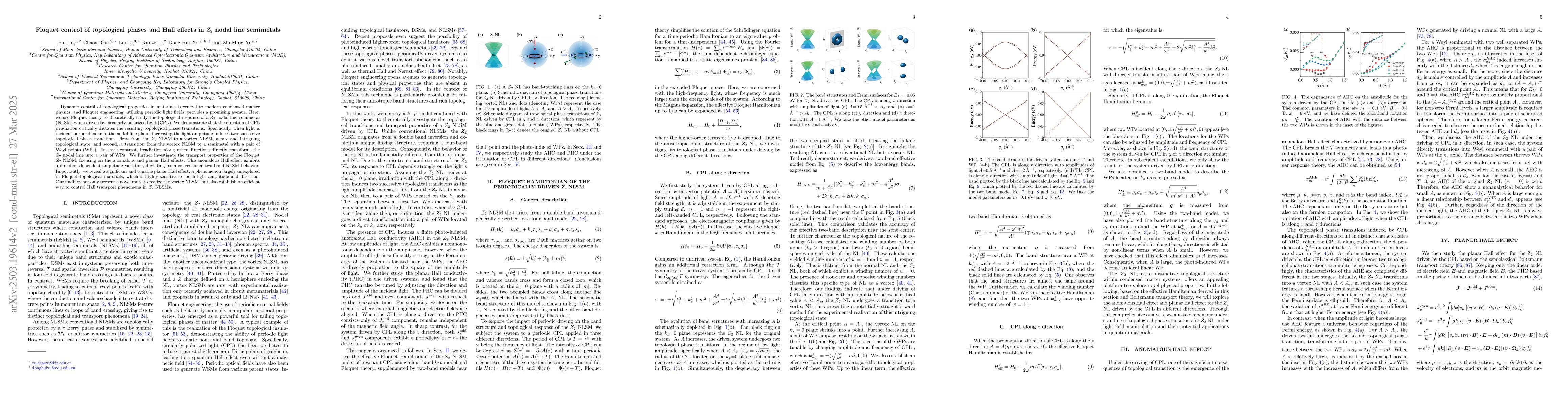 Thumbnail for Floquet control of topological phases and Hall effects in Z2 nodal line
  semimetals