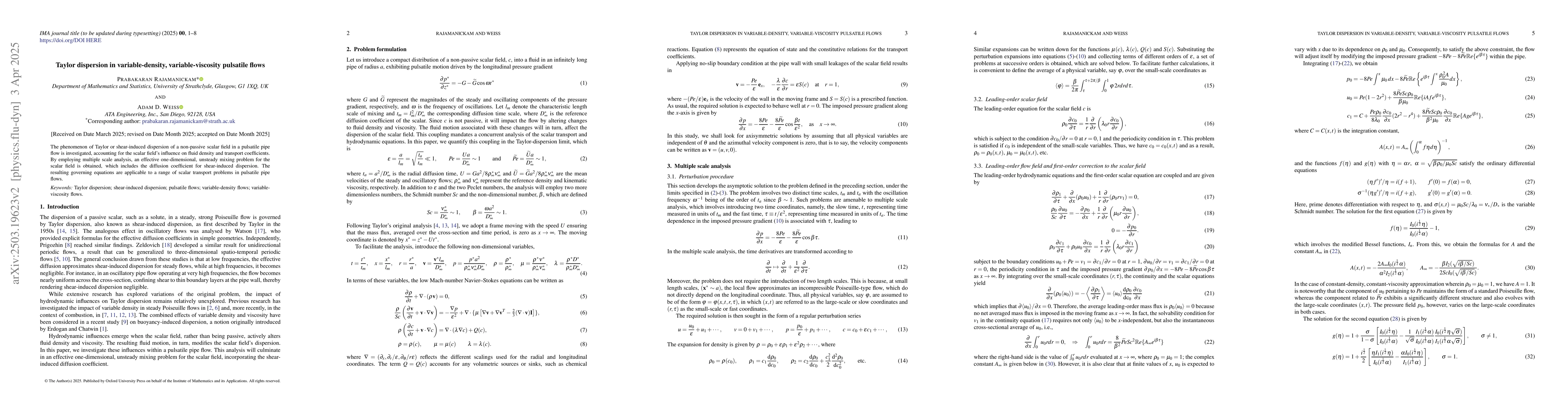 Thumbnail for Taylor dispersion in variable-density, variable-viscosity pulsatile
  flows