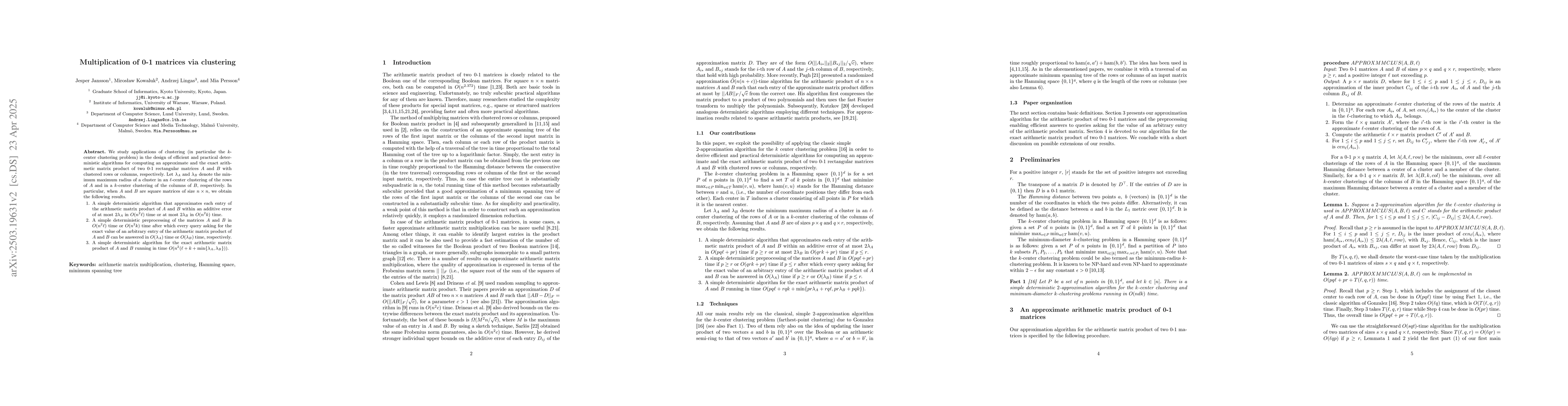 Thumbnail for Multiplication of 0-1 matrices via clustering