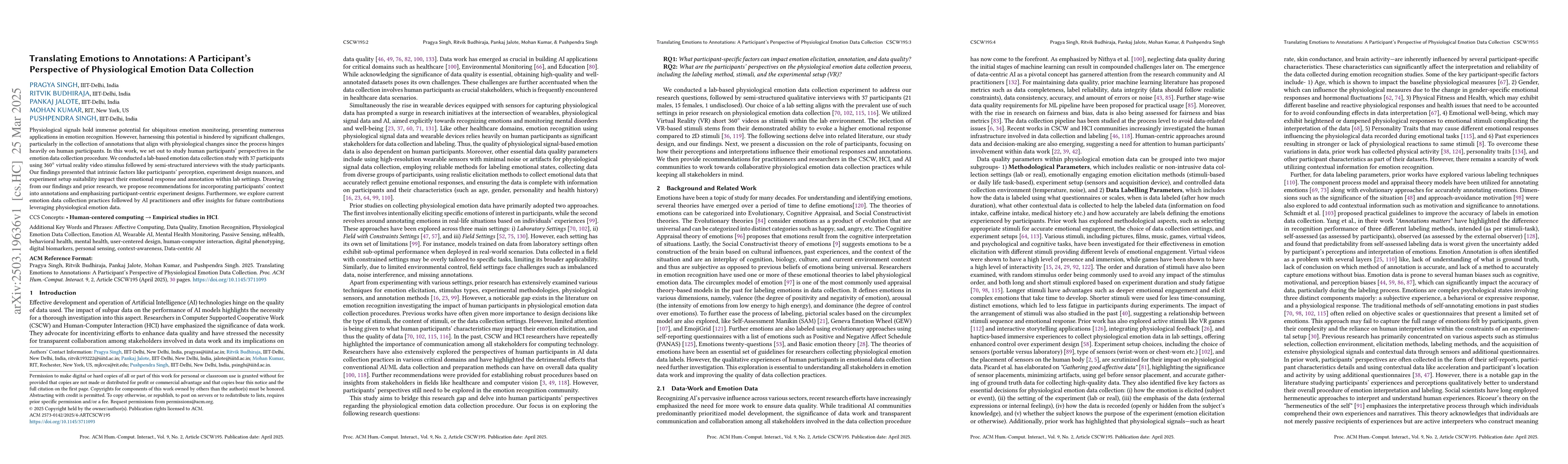 Thumbnail for Translating Emotions to Annotations - A Participant Perspective of
  Physiological Emotion Data Collection