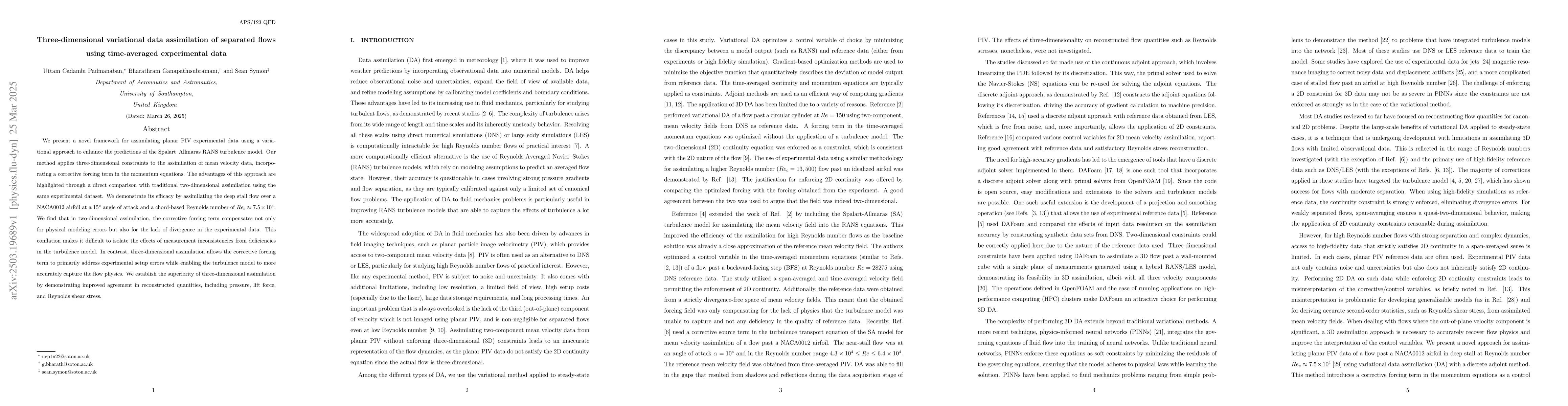 Thumbnail for Three-dimensional variational data assimilation of separated flows using
  time-averaged experimental data