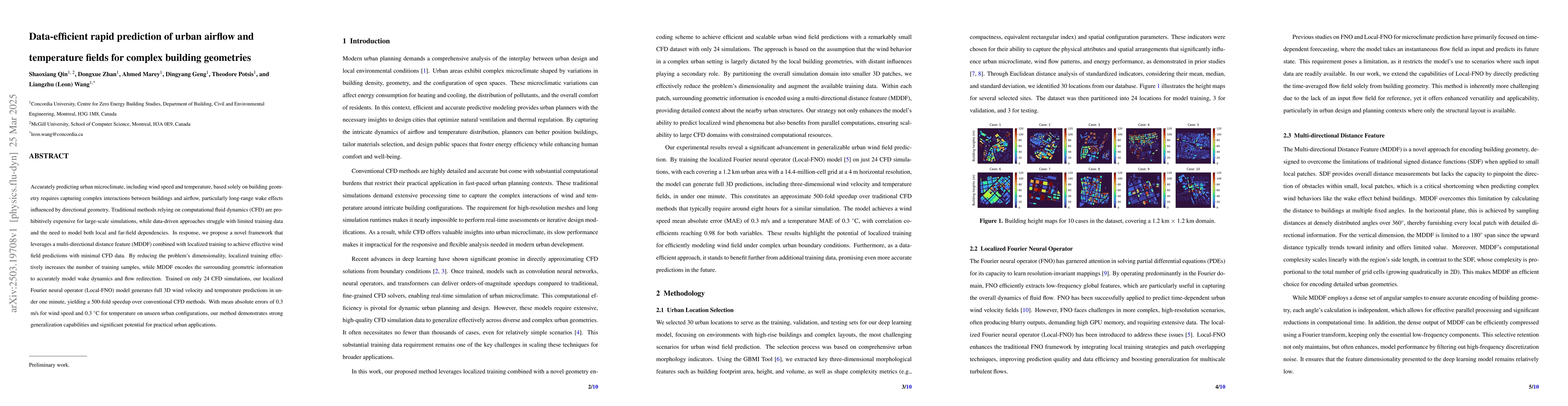 Thumbnail for Data-efficient rapid prediction of urban airflow and temperature fields
  for complex building geometries