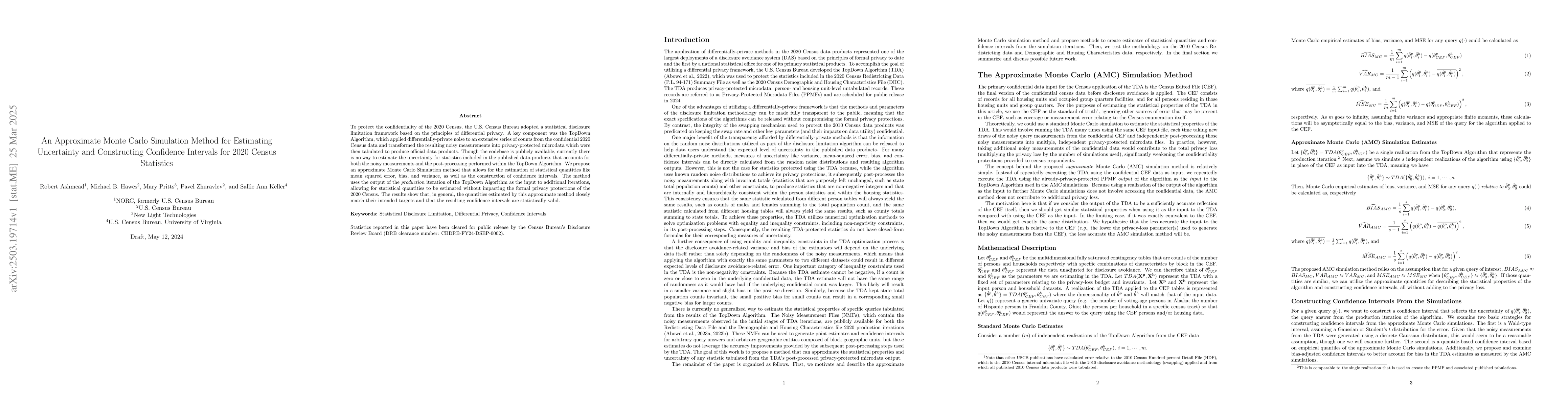 Thumbnail for An Approximate Monte Carlo Simulation Method for Estimating Uncertainty
  and Constructing Confidence Intervals for 2020 Census Statistics