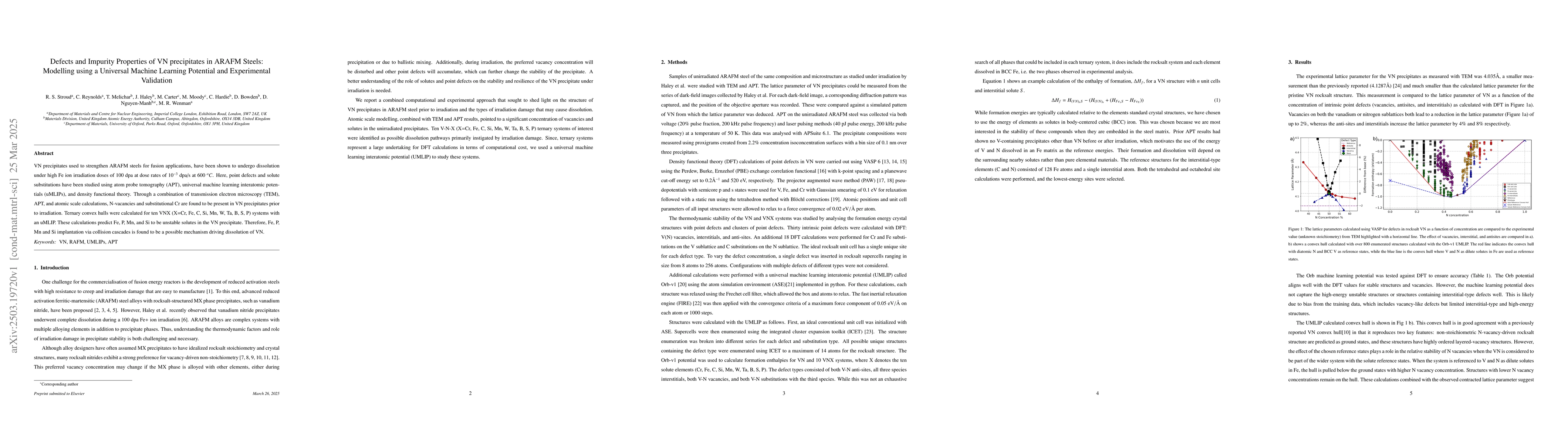 Thumbnail for Defects and Impurity Properties of VN precipitates in ARAFM Steels:
  Modelling using a Universal Machine Learning Potential and Experimental
  Validation