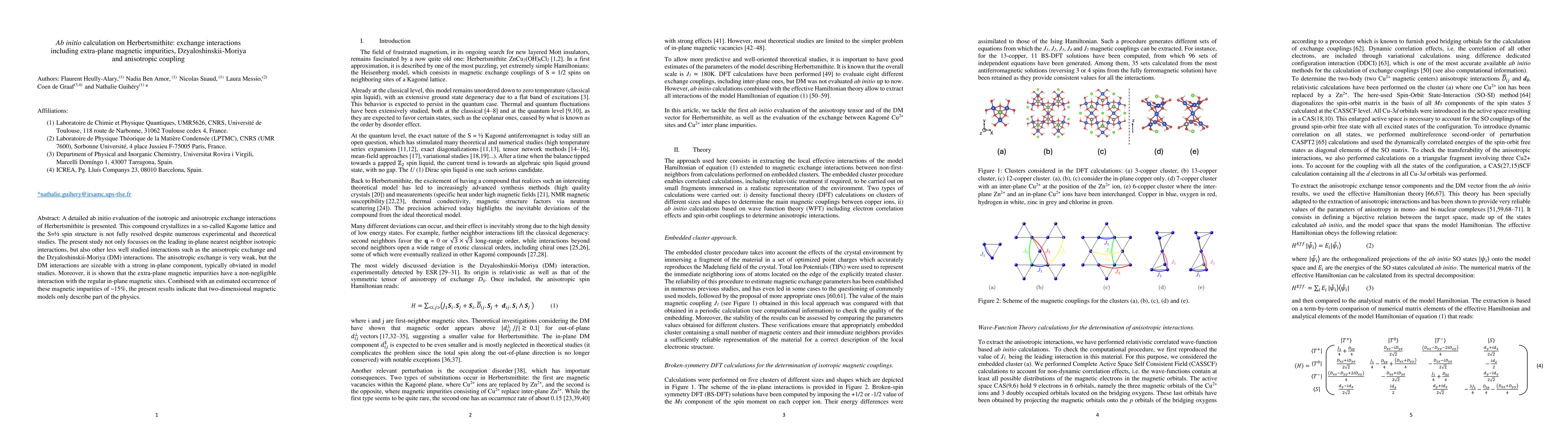 Thumbnail for Ab initio calculation on Herbertsmithite: exchange interactions
  including extra-plane magnetic impurities, Dzyaloshinskii-Moriya and
  anisotropic coupling