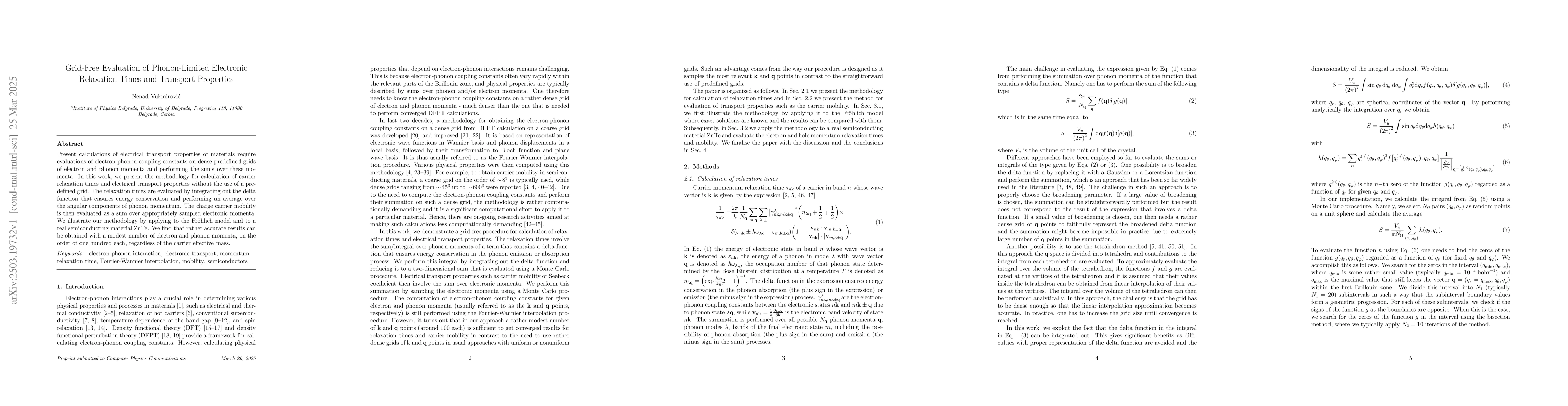 Thumbnail for Grid-Free Evaluation of Phonon-Limited Electronic Relaxation Times and
  Transport Properties