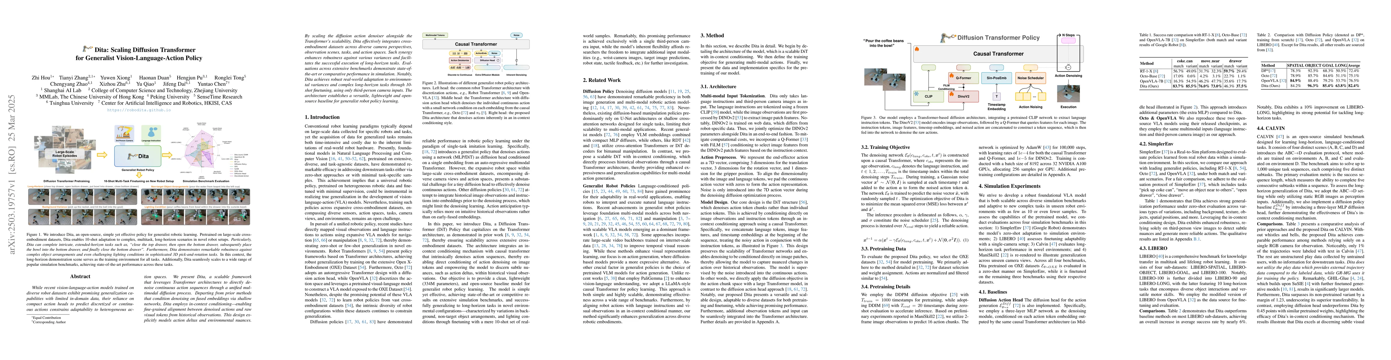 Thumbnail for Dita: Scaling Diffusion Transformer for Generalist
  Vision-Language-Action Policy