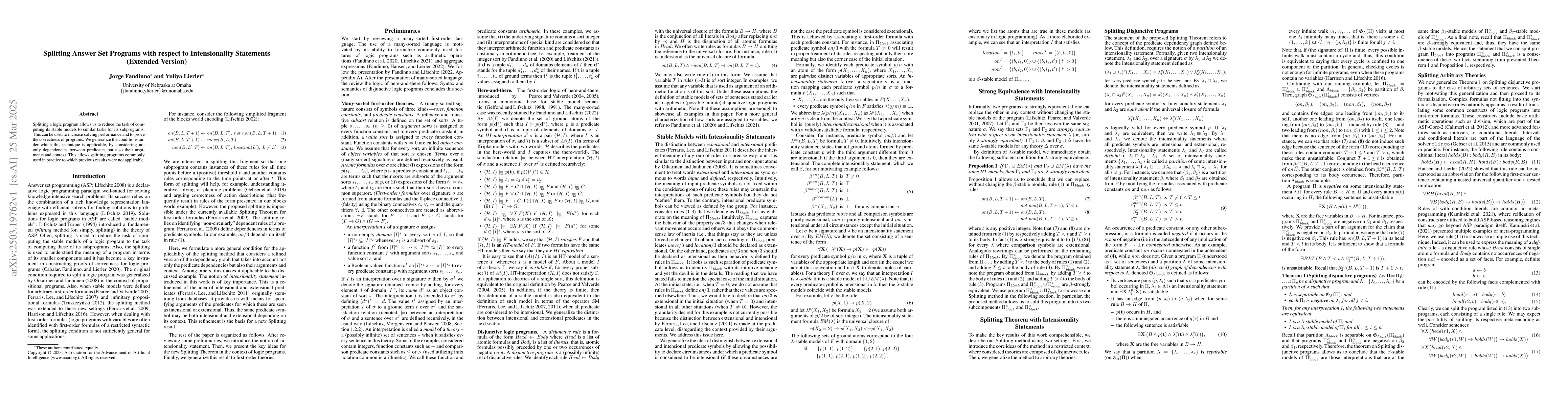 Thumbnail for Splitting Answer Set Programs with respect to Intensionality Statements
  (Extended Version)