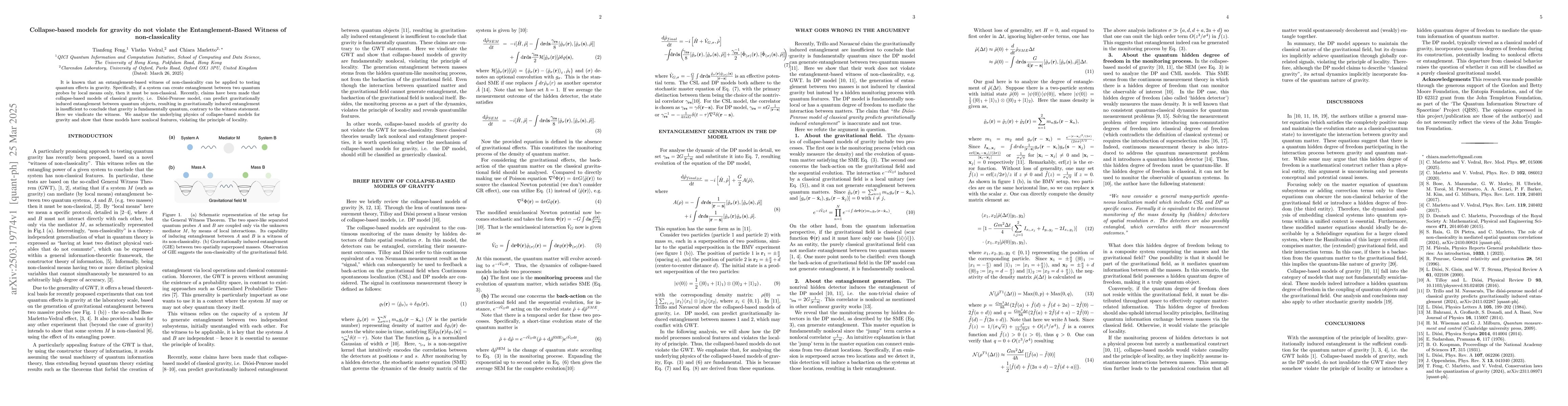 Thumbnail for Collapse-based models for gravity do not violate the Entanglement-Based
  Witness of non-classicality