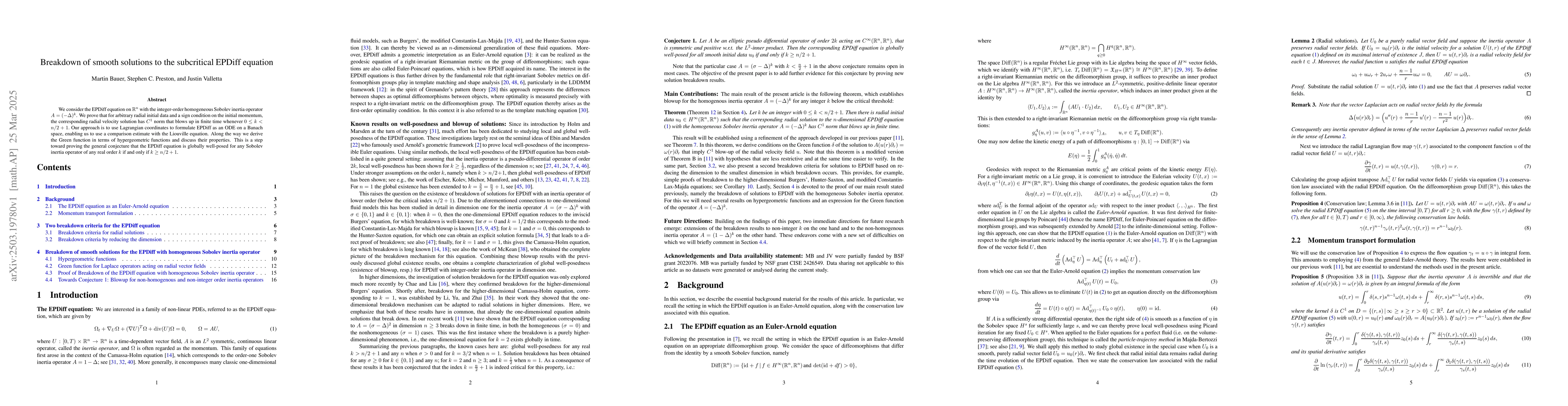 Thumbnail for Breakdown of smooth solutions to the subcritical EPDiff equation