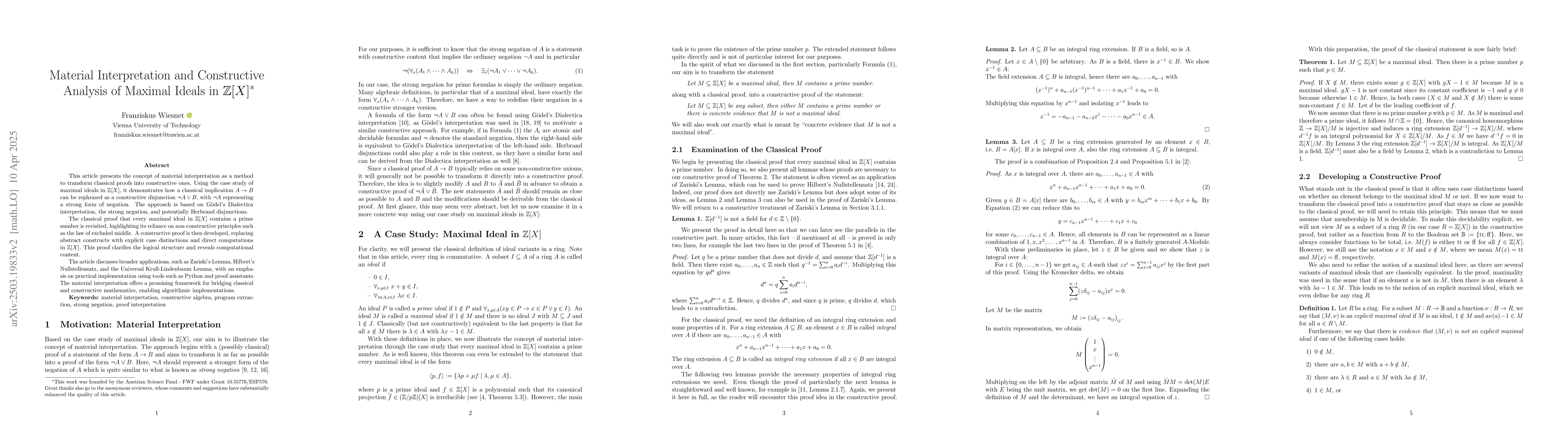 Thumbnail for Material Interpretation and Constructive Analysis of Maximal Ideals in
  $\mathbb{Z}[X]$