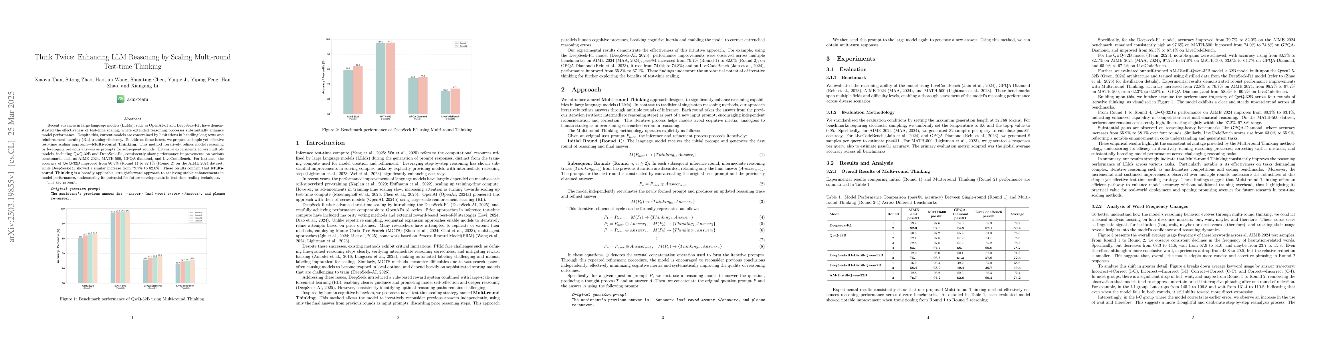 Thumbnail for Think Twice: Enhancing LLM Reasoning by Scaling Multi-round Test-time
  Thinking