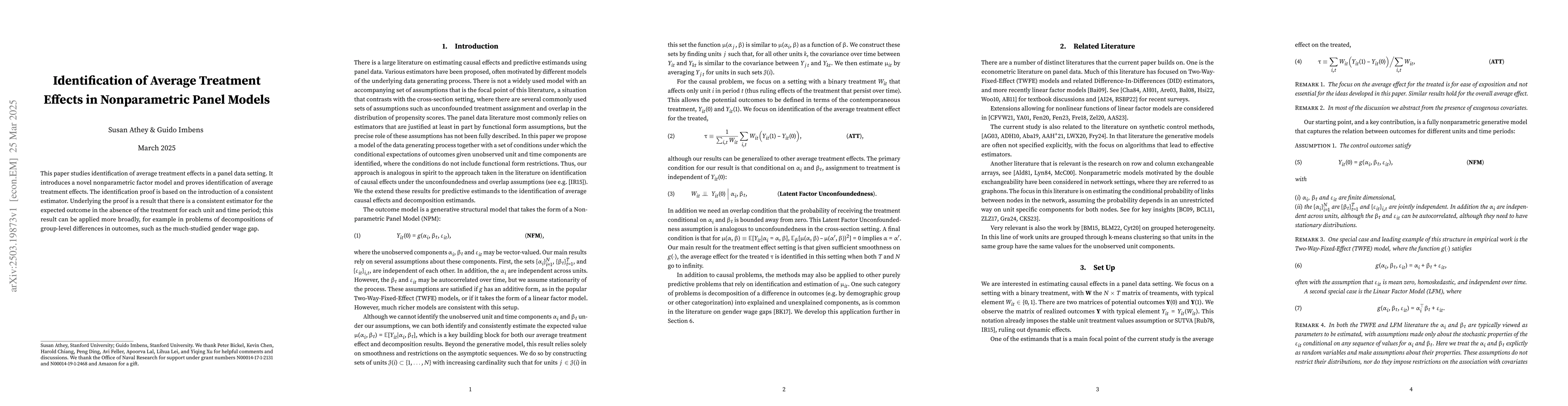 Thumbnail for Identification of Average Treatment Effects in Nonparametric Panel
  Models