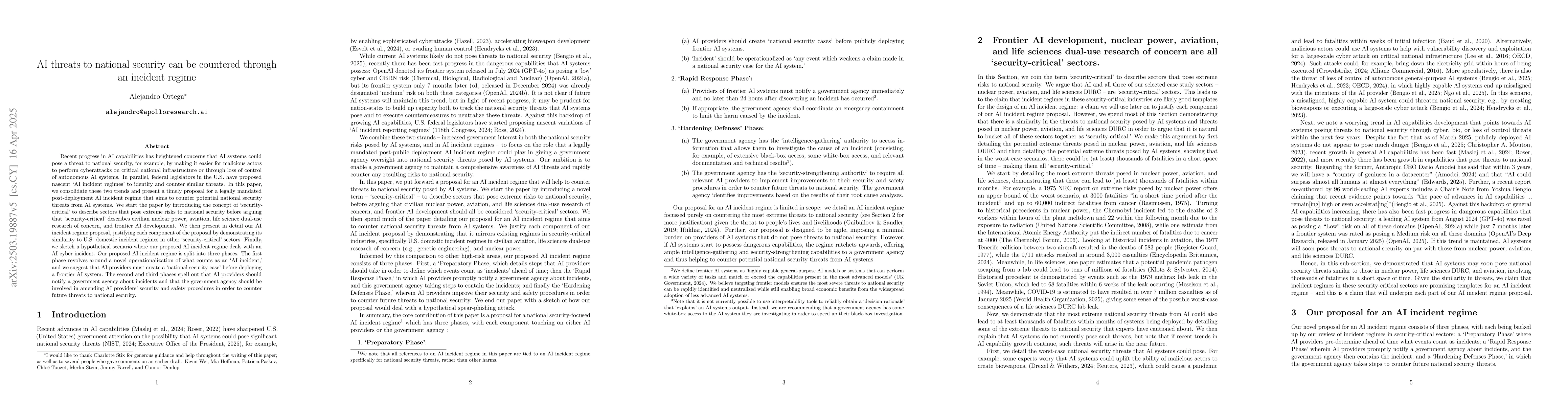 Thumbnail for A proposal for an incident regime that tracks and counters threats to
  national security posed by AI systems