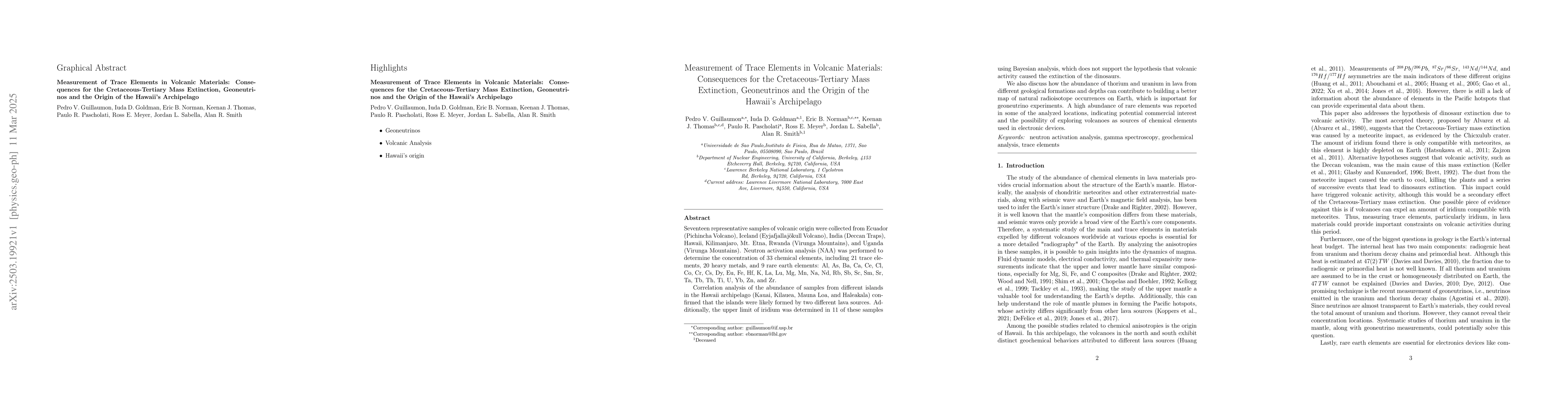 Thumbnail for Measurement of Trace Elements in Volcanic Materials: Consequences for
  the Cretaceous-Tertiary Mass Extinction, Geoneutrinos and the Origin of the
  Hawaii's Archipelago
