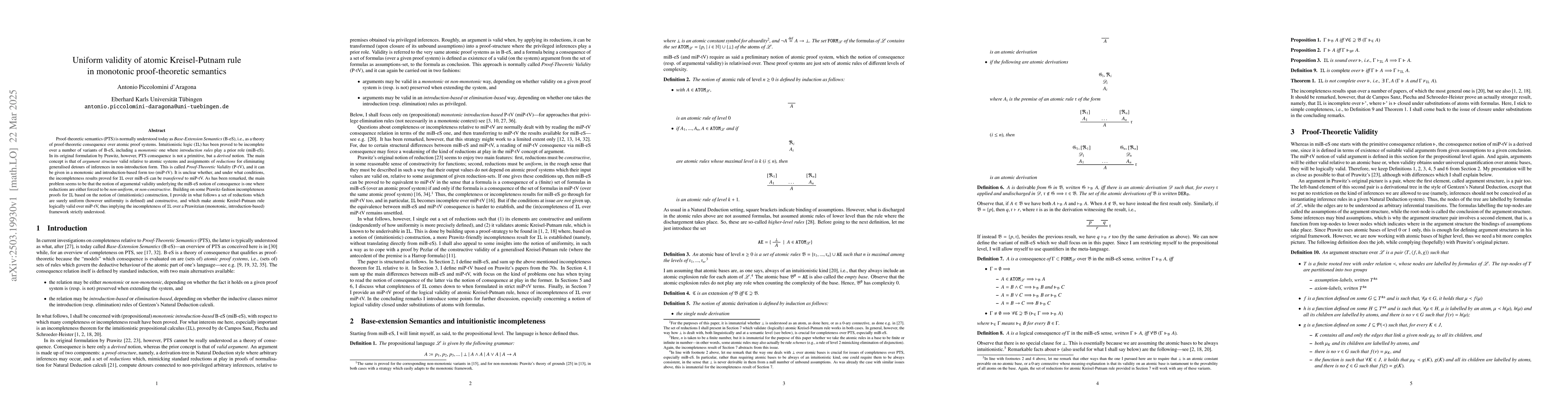 Thumbnail for Uniform validity of atomic Kreisel-Putnam rule in monotonic
  proof-theoretic semantics