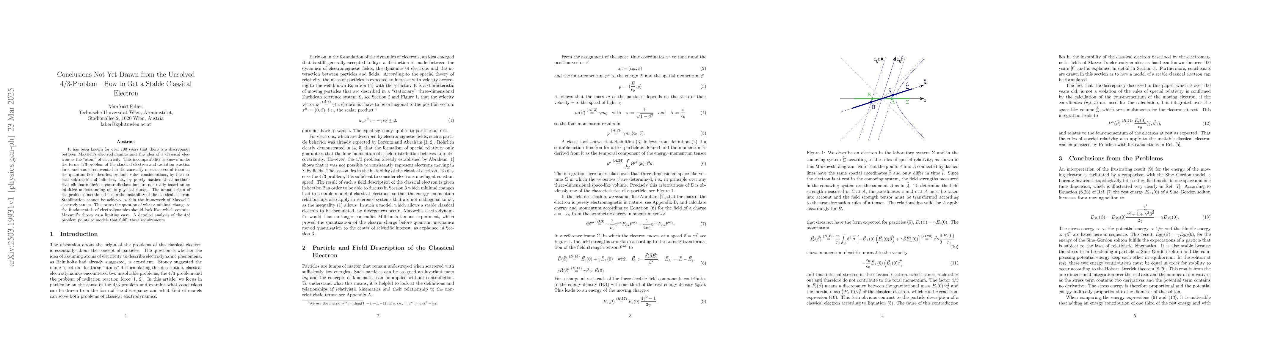 Thumbnail for Conclusions Not Yet Drawn from the Unsolved 4/3-Problem -- How to Get a
  Stable Classical Electron