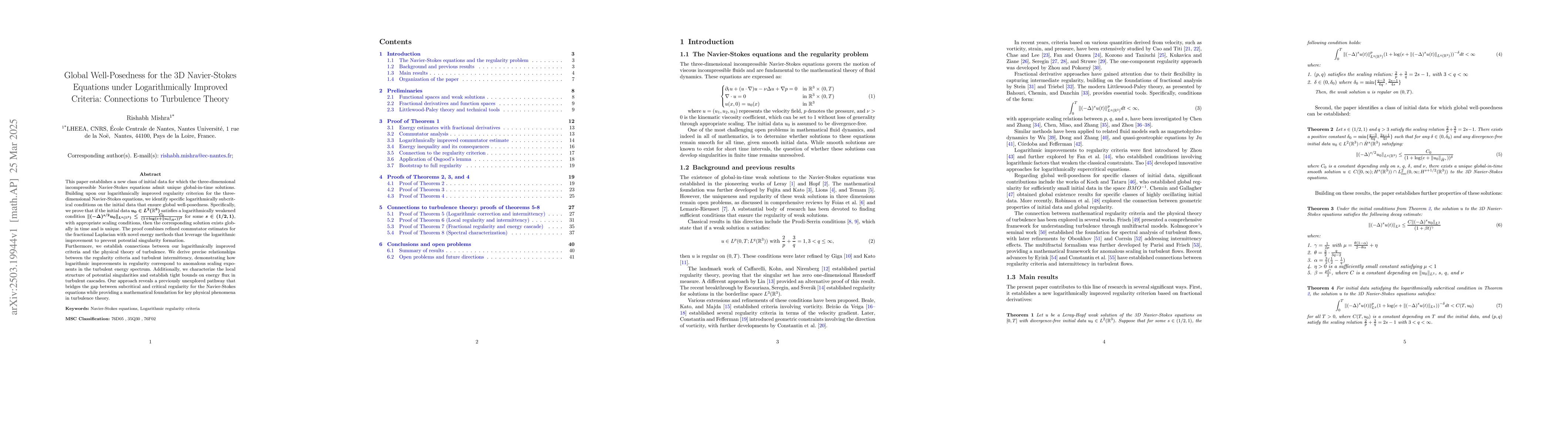 Thumbnail for Global Well-Posedness for the 3D Navier-Stokes Equations under
  Logarithmically Improved Criteria: Connections to Turbulence Theory