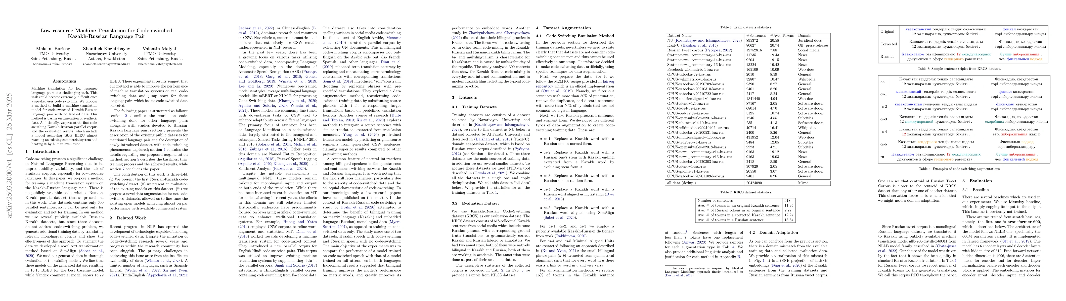 Thumbnail for Low-resource Machine Translation for Code-switched Kazakh-Russian
  Language Pair