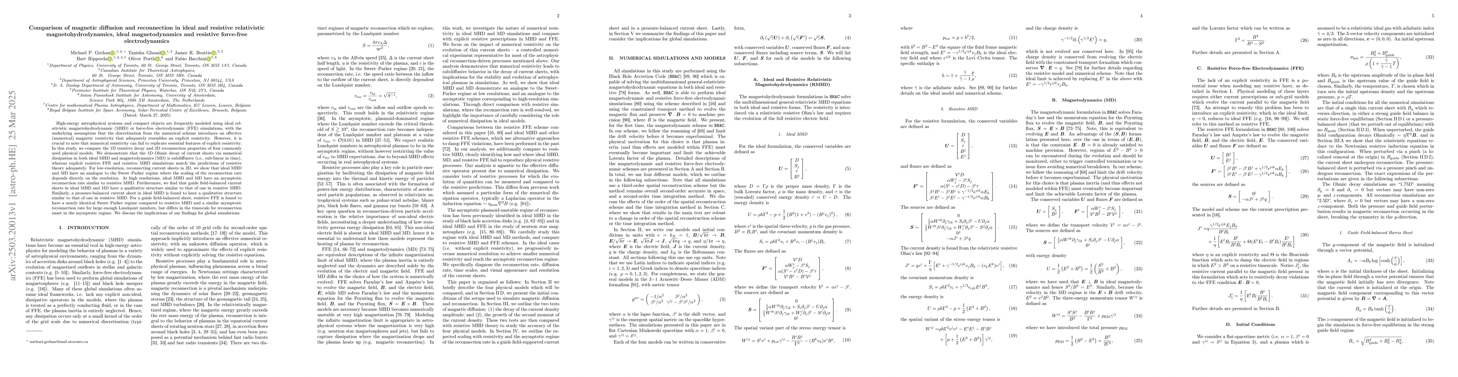 Thumbnail for Comparison of magnetic diffusion and reconnection in ideal and resistive
  relativistic magnetohydrodynamics, ideal magnetodynamics and resistive
  force-free electrodynamics