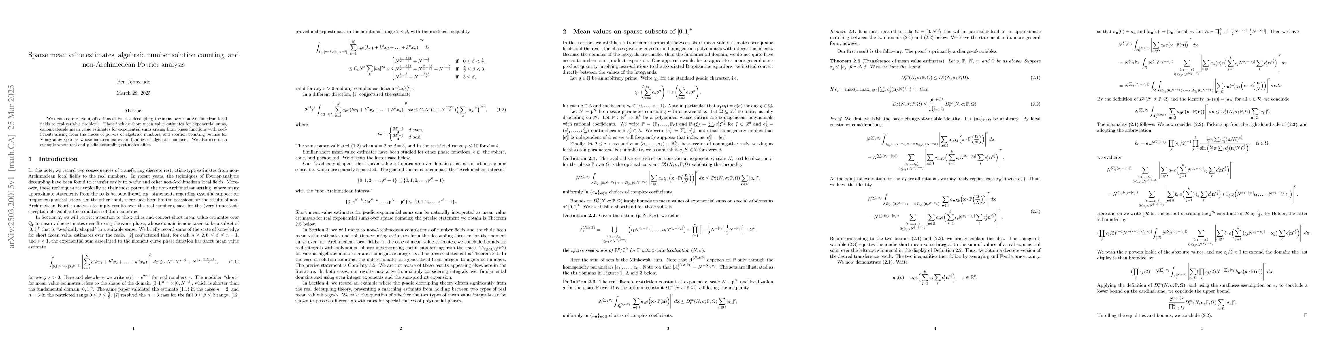 Thumbnail for Sparse mean value estimates, algebraic number solution counting, and
  non-Archimedean Fourier analysis