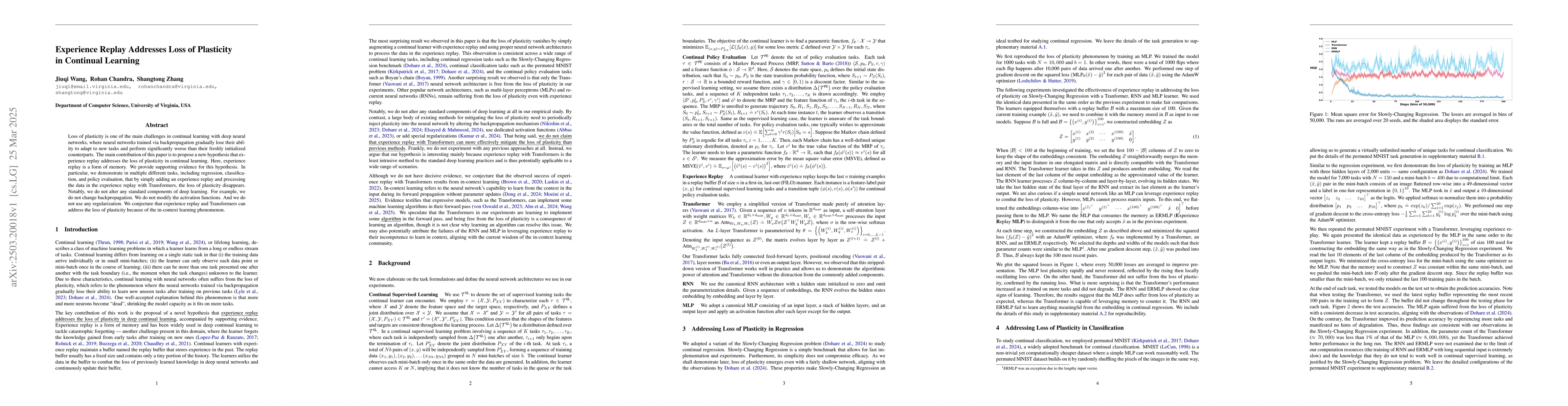 Thumbnail for Experience Replay Addresses Loss of Plasticity in Continual Learning