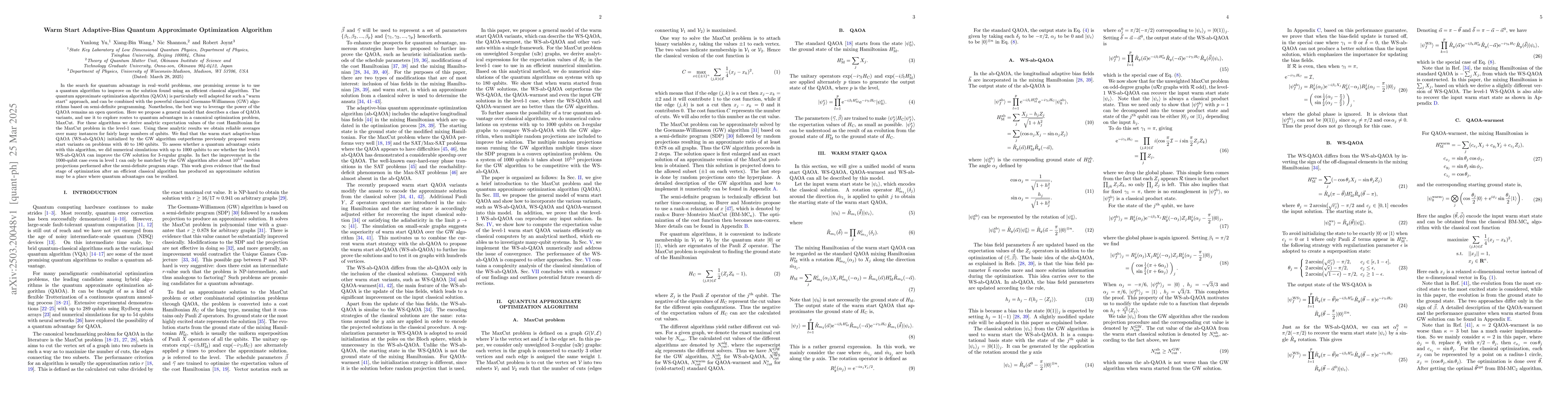 Thumbnail for Warm Start Adaptive-Bias Quantum Approximate Optimization Algorithm