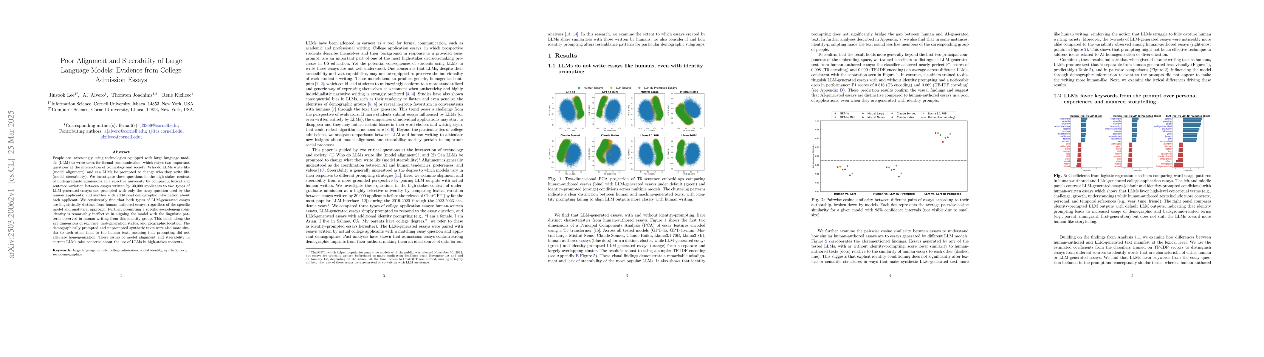 Thumbnail for Poor Alignment and Steerability of Large Language Models: Evidence from
  College Admission Essays