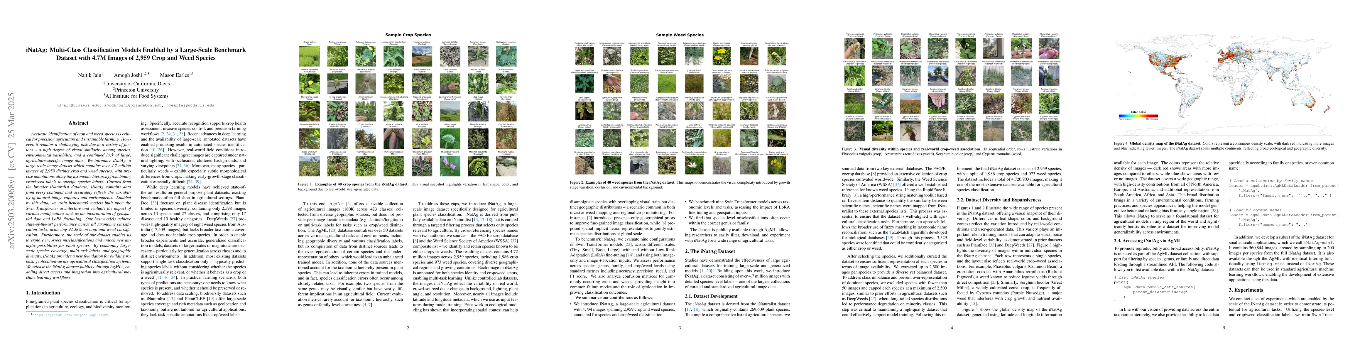 Thumbnail for iNatAg: Multi-Class Classification Models Enabled by a Large-Scale
  Benchmark Dataset with 4.7M Images of 2,959 Crop and Weed Species