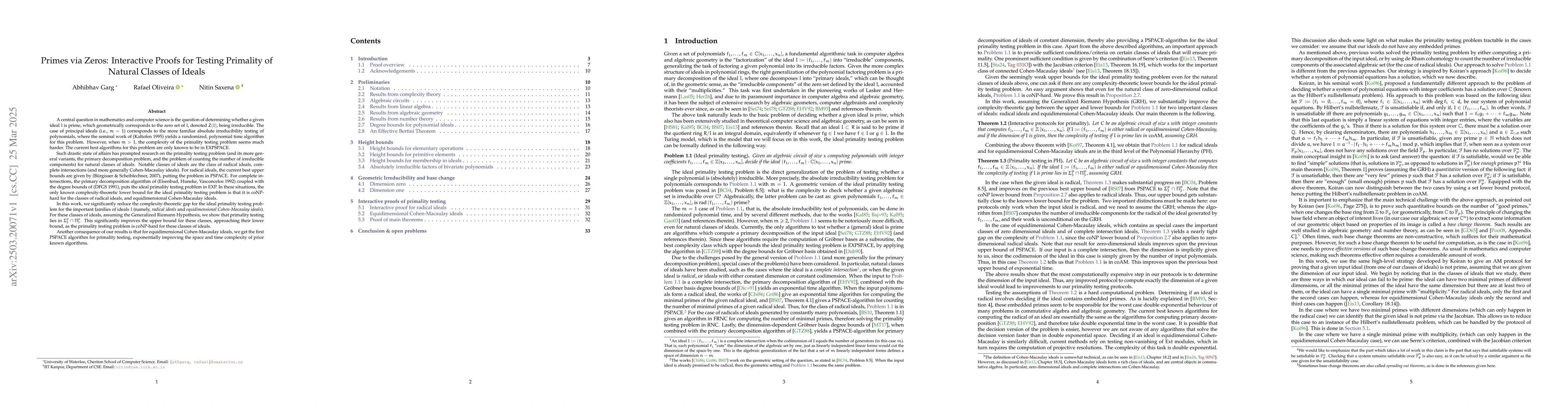 Thumbnail for Primes via Zeros: Interactive Proofs for Testing Primality of Natural
  Classes of Ideals