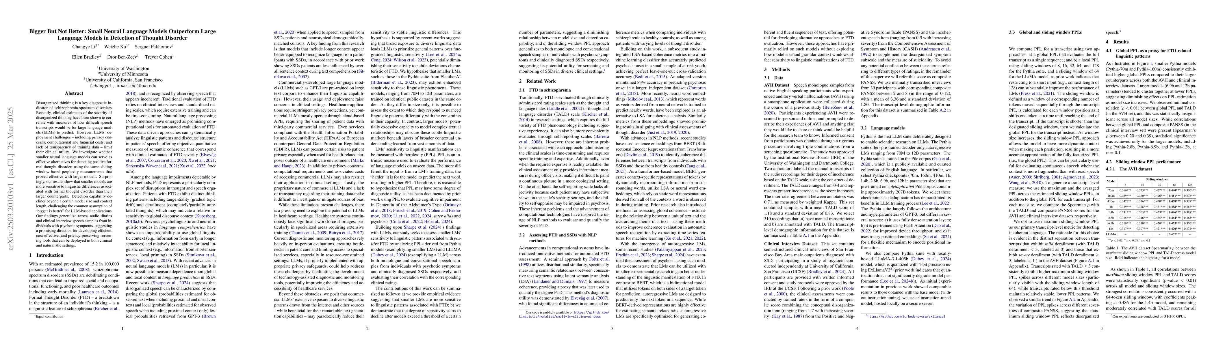 Thumbnail for Bigger But Not Better: Small Neural Language Models Outperform Large
  Language Models in Detection of Thought Disorder