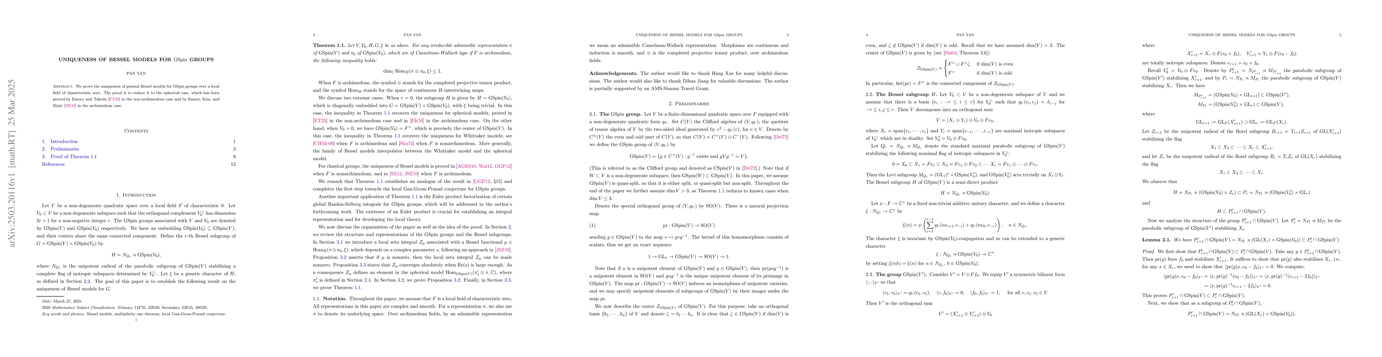 Thumbnail for Uniqueness of Bessel models for $\mathrm{GSpin}$ groups