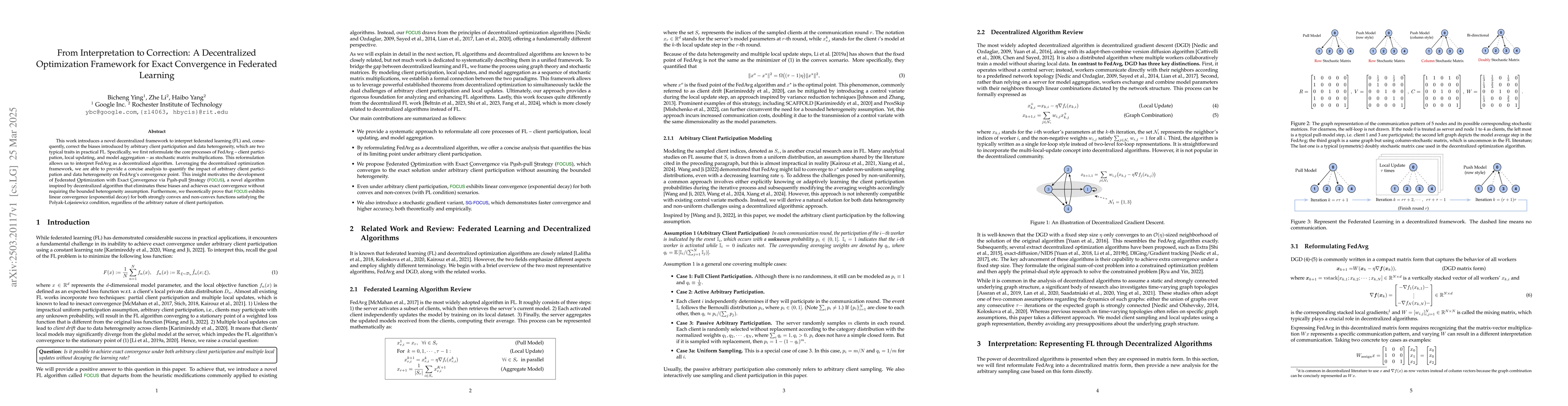 Thumbnail for From Interpretation to Correction: A Decentralized Optimization
  Framework for Exact Convergence in Federated Learning