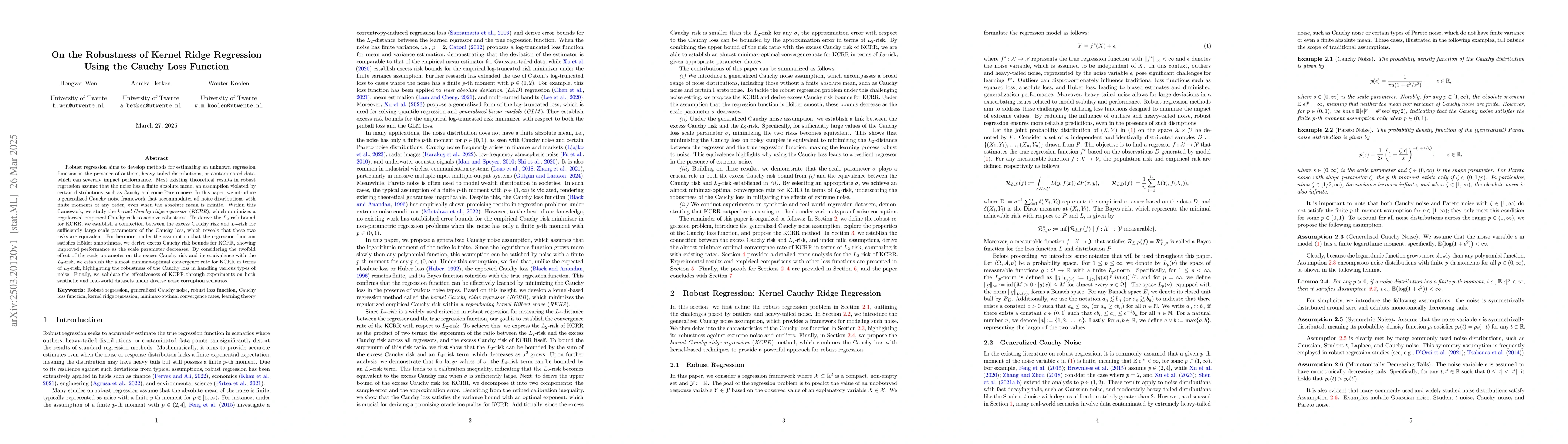 Thumbnail for On the Robustness of Kernel Ridge Regression Using the Cauchy Loss
  Function