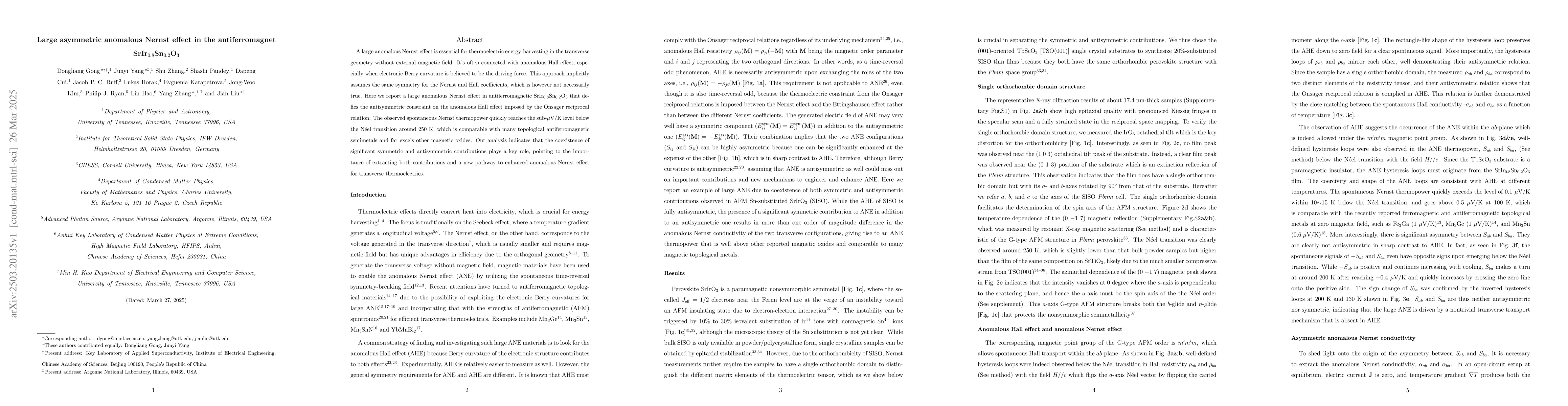 Thumbnail for Large asymmetric anomalous Nernst effect in the antiferromagnet
  SrIr$_{0.8}$Sn$_{0.2}$O$_3$