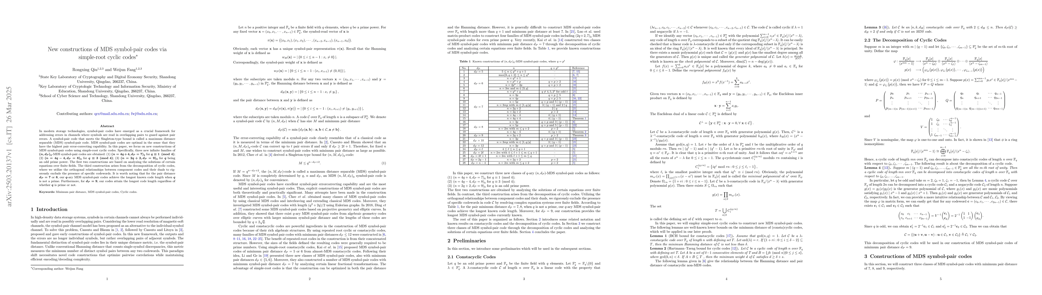 Thumbnail for New constructions of MDS symbol-pair codes via simple-root cyclic codes