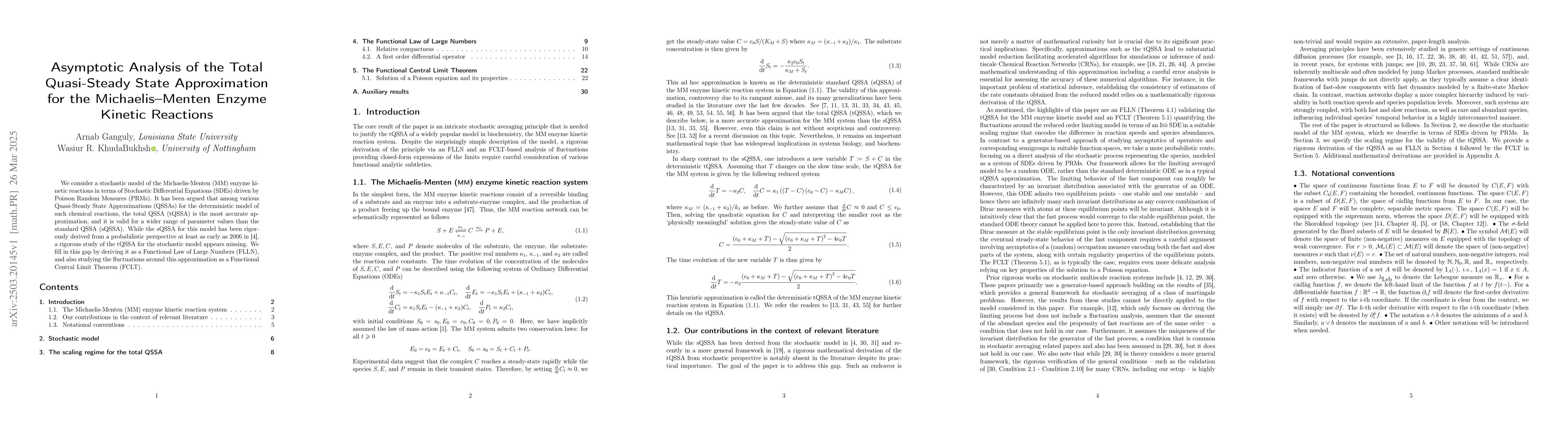 Thumbnail for Asymptotic Analysis of the Total Quasi-Steady State Approximation for
  the Michaelis--Menten Enzyme Kinetic Reactions