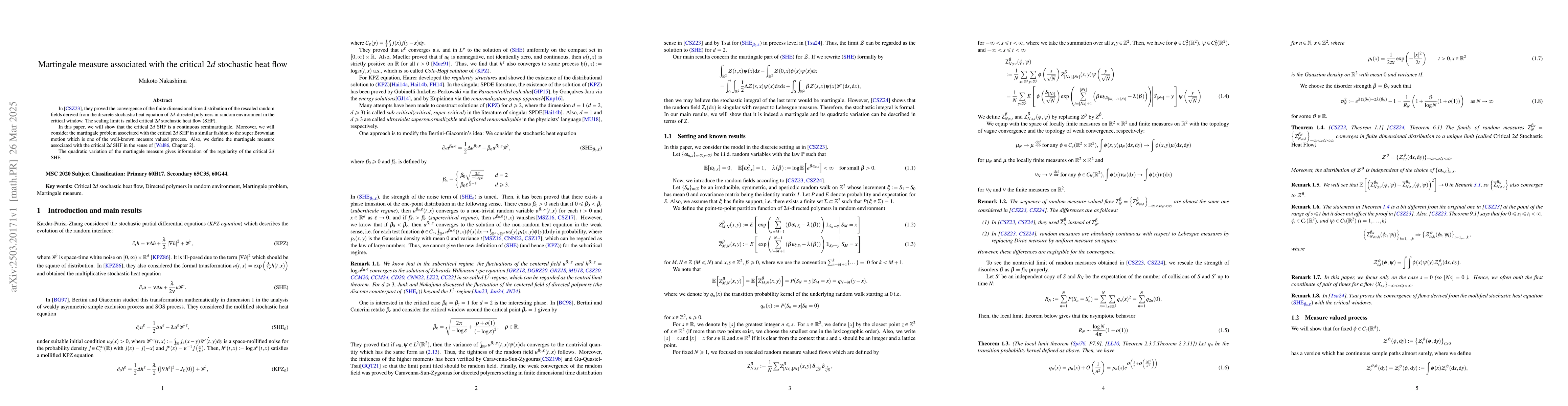 Thumbnail for Martingale measure associated with the critical $2d$ stochastic heat
  flow