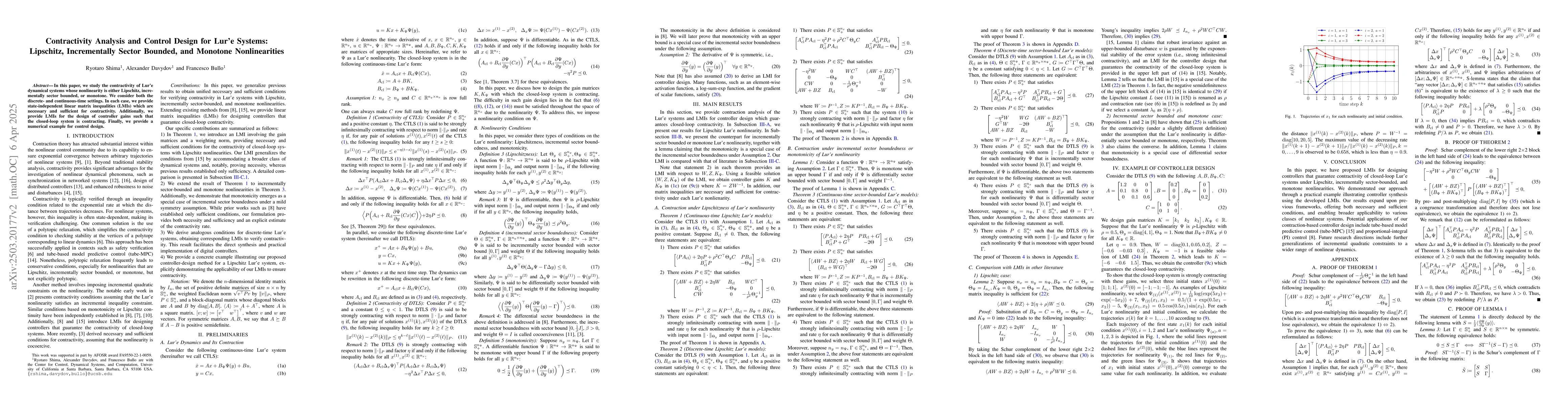 Thumbnail for Contractivity Analysis and Control Design for Lur'e Systems: Lipschitz,
  Incrementally Sector Bounded, and Monotone Nonlinearities