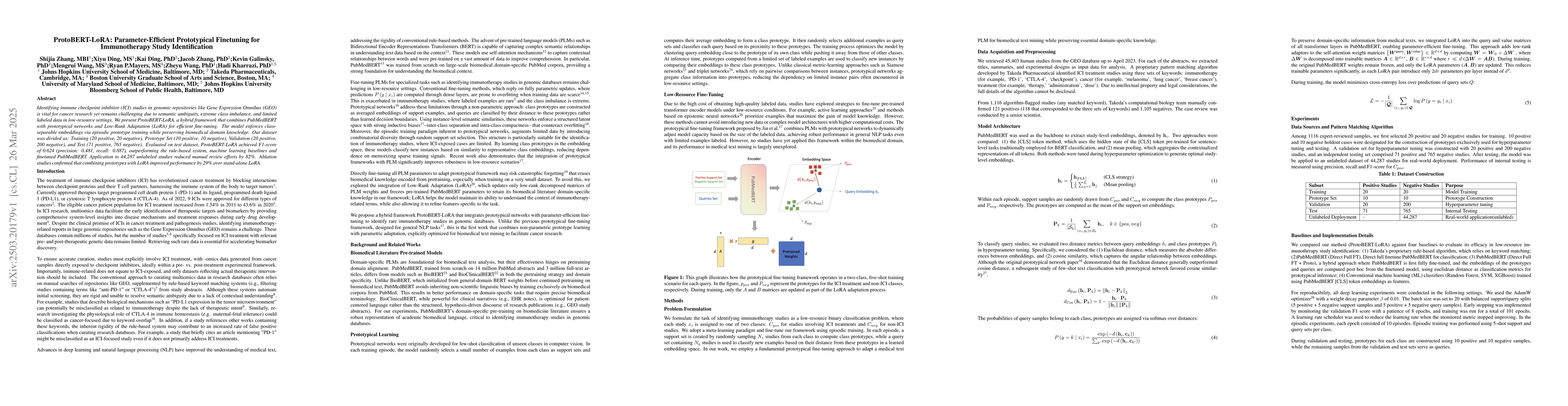 Thumbnail for ProtoBERT-LoRA: Parameter-Efficient Prototypical Finetuning for
  Immunotherapy Study Identification