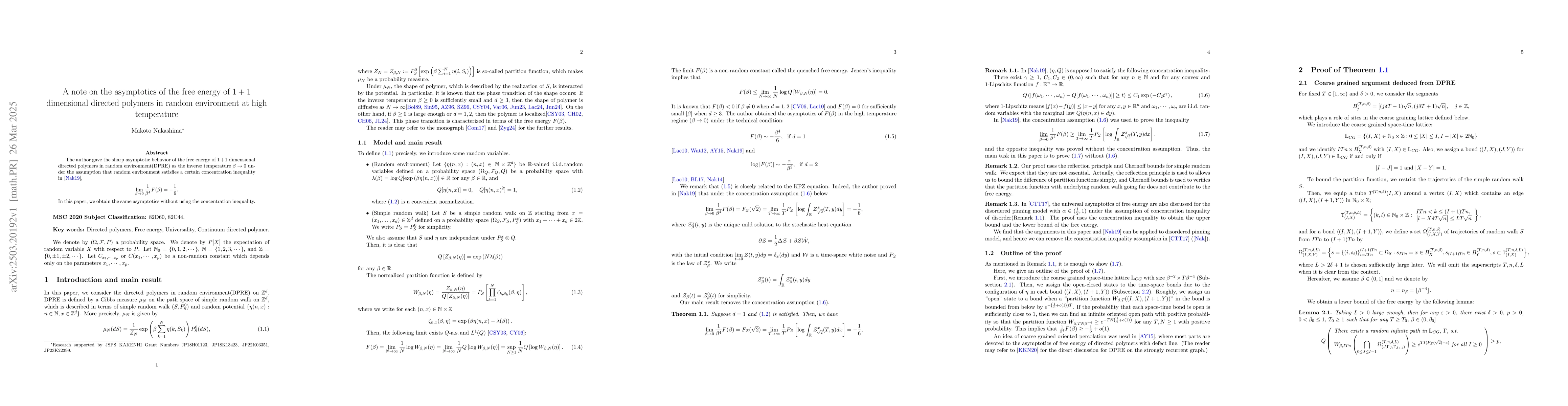 Thumbnail for A note on the asymptotics of the free energy of $1+1$ dimensional
  directed polymers in random environment at high temperature